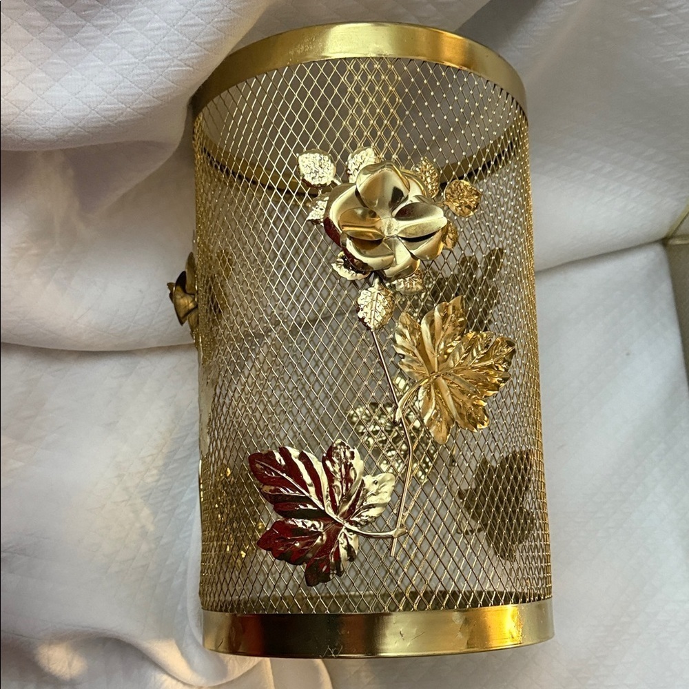 Vintage Hollywood Regency Gold Mesh Wastebasket & Tissue Box Cover Ornate Floral - Picture 13 of 15